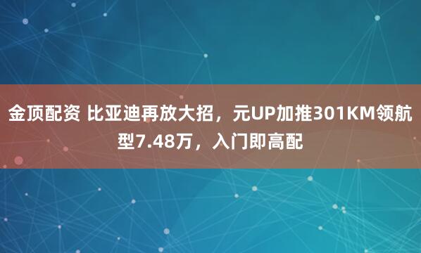 金顶配资 比亚迪再放大招，元UP加推301KM领航型7.48万，入门即高配